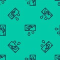 Blue line Bloody money icon isolated seamless pattern on green background. Vector Royalty Free Stock Photo