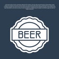 Blue line Bottle cap with inscription beer icon isolated on blue background. Vector Royalty Free Stock Photo