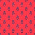 Blue line Cactus and succulent in pot icon isolated seamless pattern on red background. Plant growing in a pot. Potted Royalty Free Stock Photo