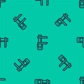 Blue line Calliper or caliper and scale icon isolated seamless pattern on green background. Precision measuring tools