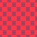 Blue line Canned food icon isolated seamless pattern on red background. Food for animals. Pet food can. Dog bone sign