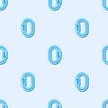 Blue line Carabiner icon isolated seamless pattern on grey background. Extreme sport. Sport equipment. Vector