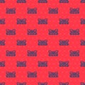 Blue line Cargo train wagon icon isolated seamless pattern on red background. Freight car. Railroad transportation Royalty Free Stock Photo