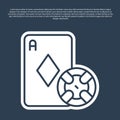 Blue line Casino chip and playing cards icon isolated on blue background. Casino poker. Vector