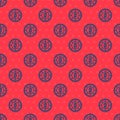 Blue line Casino chips icon isolated seamless pattern on red background. Casino gambling. Vector