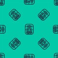 Blue line Cassette tape player icon isolated seamless pattern on green background. Vintage audio tape recorder. Vector Royalty Free Stock Photo