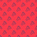 Blue line Cherry icon isolated seamless pattern on red background. Fruit with leaf symbol. Vector