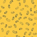 Blue line Christmas stocking icon isolated seamless pattern on yellow background. Merry Christmas and Happy New Year Royalty Free Stock Photo