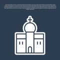 Blue line Church building icon isolated on blue background. Christian Church. Religion of church. Vector