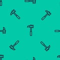 Blue line Claw hammer icon isolated seamless pattern on green background. Carpenter hammer. Tool for repair. Vector