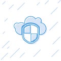 Blue line Cloud and shield icon isolated on white background. Cloud storage data protection. Security, safety Royalty Free Stock Photo