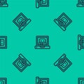Blue line Creating robot icon isolated seamless pattern on green background. Artificial intelligence, machine learning Royalty Free Stock Photo