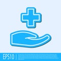 Blue line Cross hospital medical icon isolated on grey background. First aid. Diagnostics symbol. Medicine and pharmacy Royalty Free Stock Photo