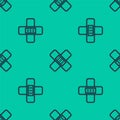 Blue line Crossed bandage plaster icon isolated seamless pattern on green background. Medical plaster, adhesive bandage