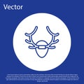 Blue line Deer antlers on shield icon isolated on blue background. Hunting trophy on wall. White circle button. Vector Royalty Free Stock Photo