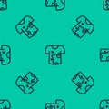 Blue line Dirty t-shirt icon isolated seamless pattern on green background. Vector