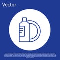 Blue line Dishwashing liquid bottle and plate icon isolated on blue background. Liquid detergent for washing dishes Royalty Free Stock Photo