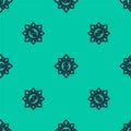 Blue line Dollar, share, network icon isolated seamless pattern on green background. Vector