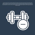Blue line Dumbbell icon isolated on blue background. Muscle lifting, fitness barbell, sports equipment. Vector