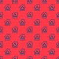 Blue line Eco House with recycling symbol icon isolated seamless pattern on red background. Ecology home with recycle Royalty Free Stock Photo