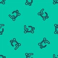 Blue line Electric wheelchair for disabled people icon isolated seamless pattern on green background. Mobility scooter Royalty Free Stock Photo