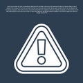 Blue line Exclamation mark in triangle icon isolated on blue background. Hazard warning sign, careful, attention, danger Royalty Free Stock Photo