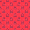 Blue line Executioner mask icon isolated seamless pattern on red background. Hangman, torturer, executor, tormentor