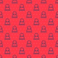 Blue line Executioner mask icon isolated seamless pattern on red background. Hangman, torturer, executor, tormentor