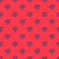 Blue line Eye of Horus icon isolated seamless pattern on red background. Ancient Egyptian goddess Wedjet symbol of Royalty Free Stock Photo