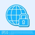 Blue line Global lockdown - locked globe icon isolated on grey background. Vector