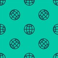 Blue line Global technology or social network icon isolated seamless pattern on green background. Vector Illustration Royalty Free Stock Photo