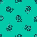 Blue line Global technology or social network icon isolated seamless pattern on green background. Vector Illustration Royalty Free Stock Photo