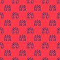 Blue line Growth chart and progress in people crowd icon isolated seamless pattern on red background. Arrow finance up. Royalty Free Stock Photo