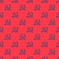 Blue line Hammer and sickle USSR icon isolated seamless pattern on red background. Symbol Soviet Union. Vector Royalty Free Stock Photo