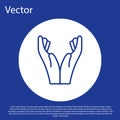 Blue line Hands in praying position icon isolated on blue background. Prayer to god with faith and hope. White circle Royalty Free Stock Photo