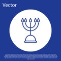 Blue line Hanukkah menorah icon isolated on blue background. Hanukkah traditional symbol. Holiday religion, jewish Royalty Free Stock Photo