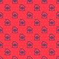 Blue line House with eye scan icon isolated seamless pattern on red background. Scanning eye. Security check symbol. Cyber eye Royalty Free Stock Photo