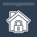 Blue line House under protection icon isolated on blue background. Home and lock. Protection, safety, security, protect Royalty Free Stock Photo