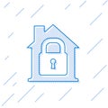 Blue line House under protection icon isolated on white background. Home and lock. Protection, safety, security, protect Royalty Free Stock Photo