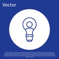 Blue line Human head with lamp bulb icon isolated on blue background. White circle button. Vector Royalty Free Stock Photo