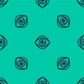 Blue line Hypnosis icon isolated seamless pattern on green background. Human eye with spiral hypnotic iris. Vector