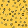 Blue line Hypnosis icon isolated seamless pattern on yellow background. Human eye with spiral hypnotic iris. Vector