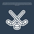 Blue line Ice hockey sticks and puck icon isolated on blue background. Game start. Vector Royalty Free Stock Photo