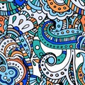 Blue line indian paisley doodle hand drawn seamless pattern
