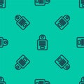 Blue line Intercom icon isolated seamless pattern on green background. Vector