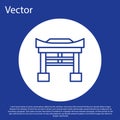 Blue line Japan Gate icon isolated on blue background. Torii gate sign. Japanese traditional classic gate symbol. White Royalty Free Stock Photo