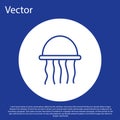 Blue line Jellyfish icon isolated on blue background. White circle button. Vector. Royalty Free Stock Photo