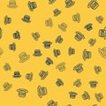 Blue line Junk food icon isolated seamless pattern on yellow background. Prohibited hot dog. No Fast food sign. Vector Royalty Free Stock Photo