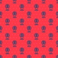 Blue line Location bitcoin icon isolated seamless pattern on red background. Physical bit coin. Blockchain based secure Royalty Free Stock Photo