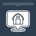 Blue line Location farm house icon isolated on blue background. Vector